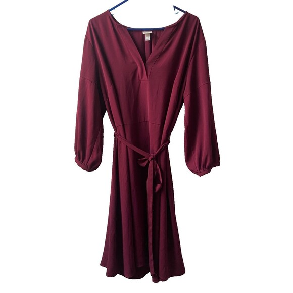 A New Day Dress WomesPlus XXL Burgundy Knee Length V Neck Bishop Sleeves Tie - Picture 1 of 10